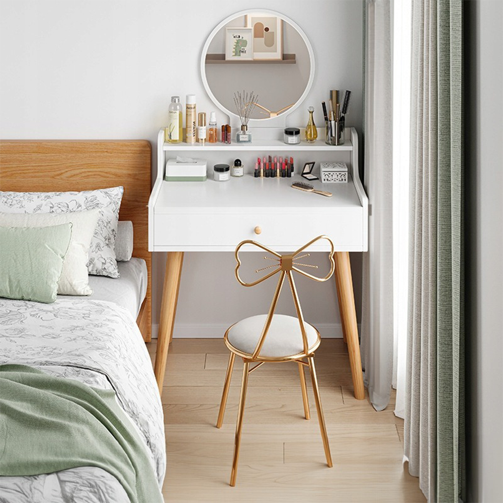 Masă toaletă albă cu oglindă 70 cm – stil scandinav, cu sertar, MDF, pentru machiaj