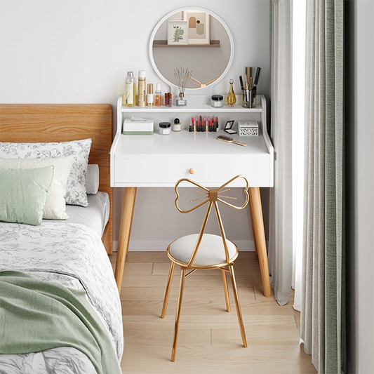 Masă toaletă albă cu oglindă 70 cm – stil scandinav, cu sertar, MDF, pentru machiaj
