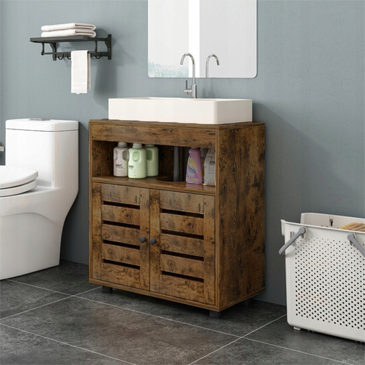 Dulap sub chiuvetă 60 cm maro rustic – baie, MDF, cu rafturi și uși, stil modern
