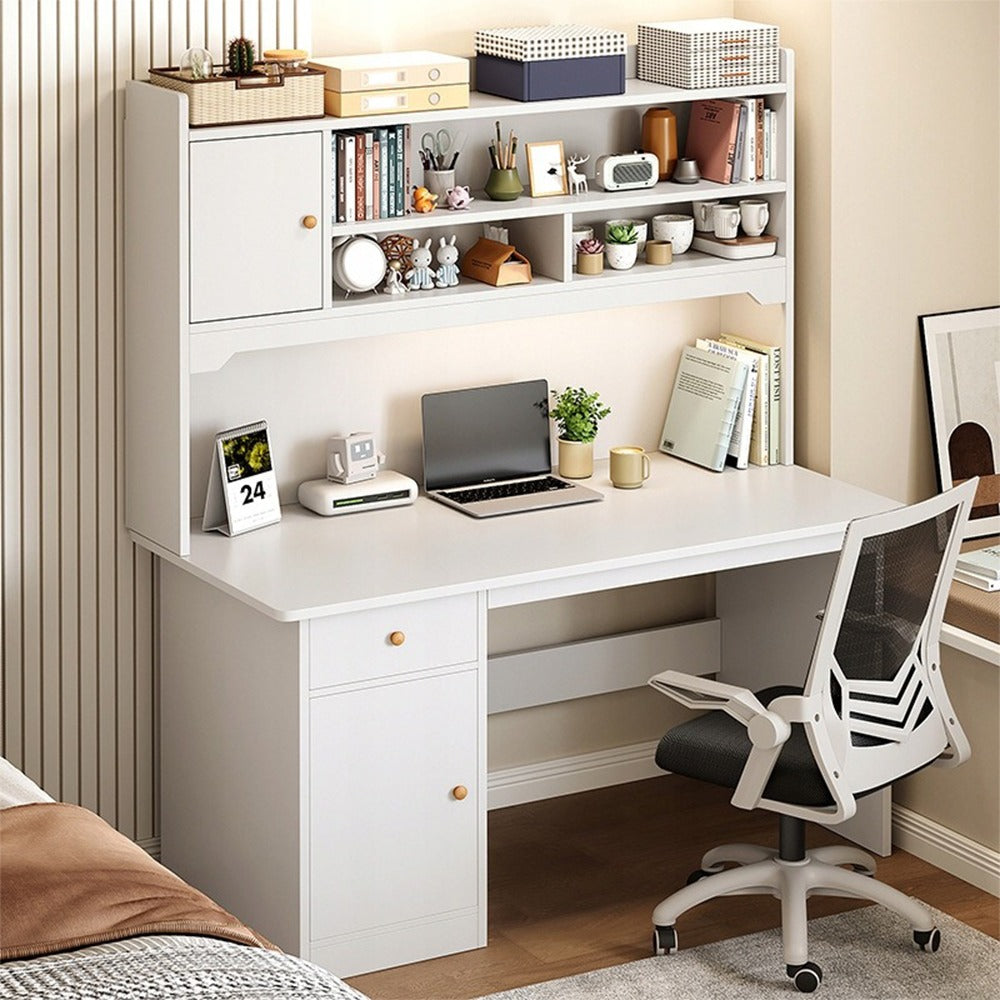 Birou alb 120 cm cu rafturi și sertare – MDF, design modern scandinav