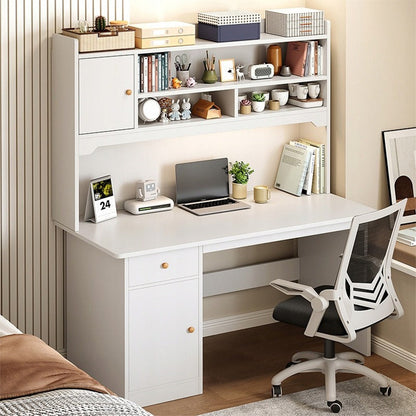 Birou alb 120 cm cu rafturi și sertare – MDF, design modern scandinav