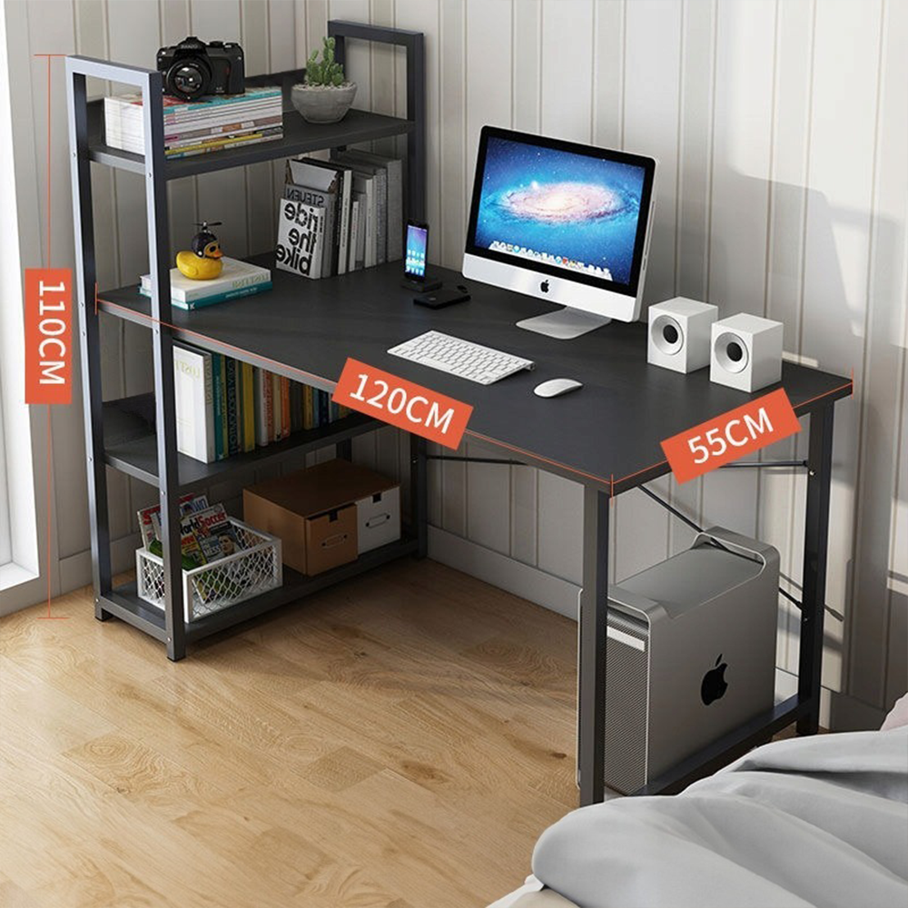Birou cu bibliotecă 120 cm – negru, MDF, 3 rafturi, pentru tineri