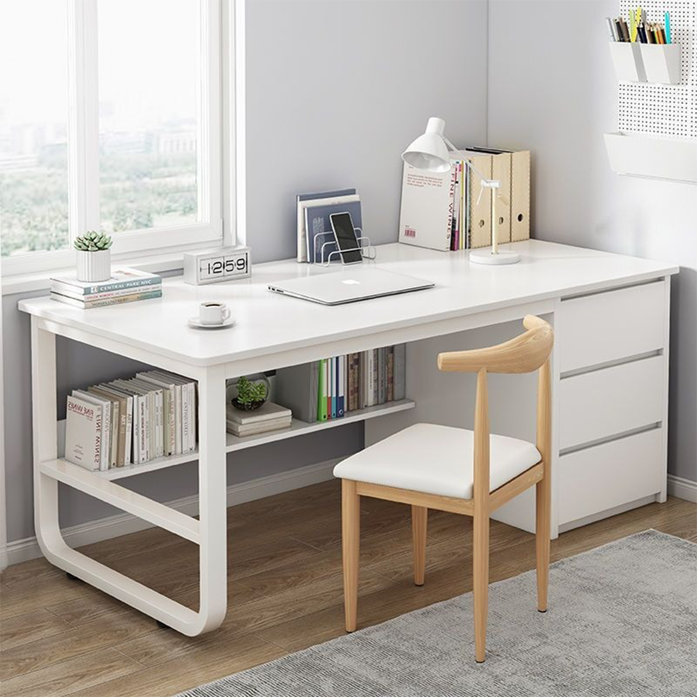 Birou modern 120 cm alb – MDF, cu polițe, pentru laptop și PC