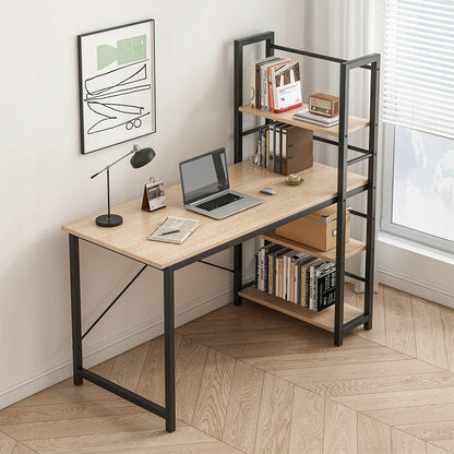 Birou cu rafturi 120 cm – MDF + metal, maro deschis, stil industrial loft