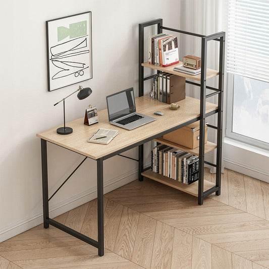 Birou cu rafturi 120 cm – MDF + metal, maro deschis, stil industrial loft