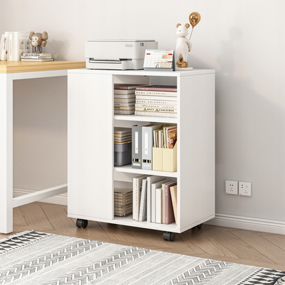 Masă birou 60 cm – alb, MDF + metal, pentru imprimantă și documente