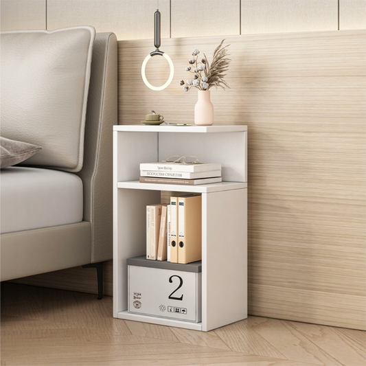 Măsuță noptiere albă 30 cm – cu sertar și poliță, design modern