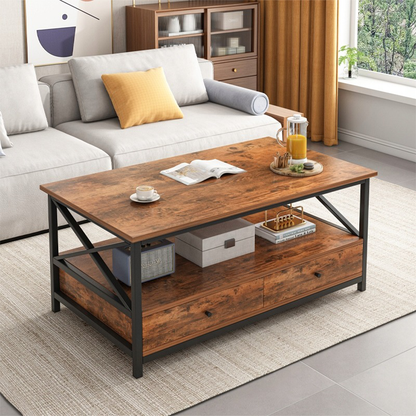 Masă cafea industrială 100 cm – maro rustic, sertare și raft, MDF + metal