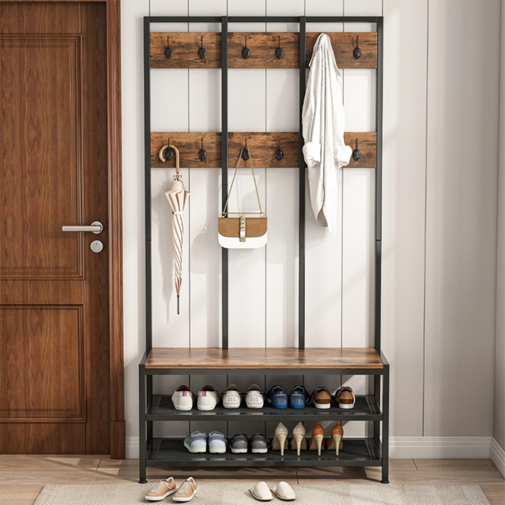 Cuier hol cu șezut 100 cm – maro închis, MDF + metal, multifuncțional