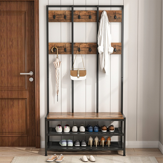 Cuier hol cu șezut 100 cm – maro închis, MDF + metal, multifuncțional