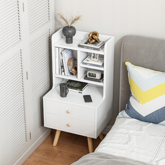 Măsuță noptiere albă 36 cm – 2 sertare + polițe, MDF, pentru dormitor