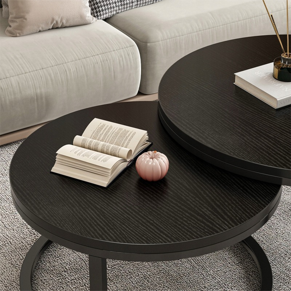 Măsuțe cafea set 2 negre – rotunde, stil modern, MDF + cadru metalic