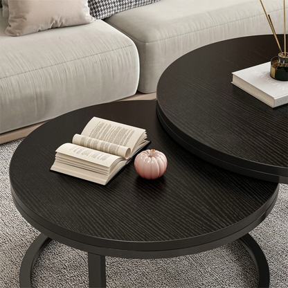 Măsuțe cafea set 2 negre – rotunde, stil modern, MDF + cadru metalic