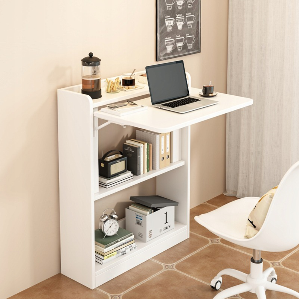 Birou rabatabil alb 64 cm – cu rafturi, MDF, pentru spații mici
