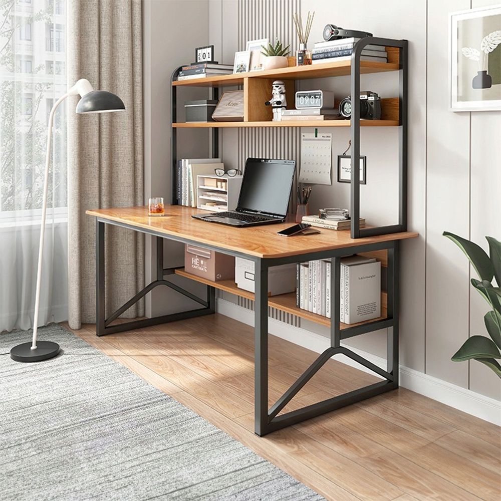 Birou cu rafturi 120 cm – stejar deschis, MDF + metal, design loft modern