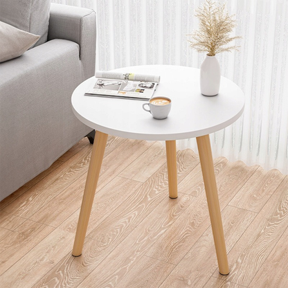 Măsuță rotundă 60 cm alb – masă living modernă, picioare lemn