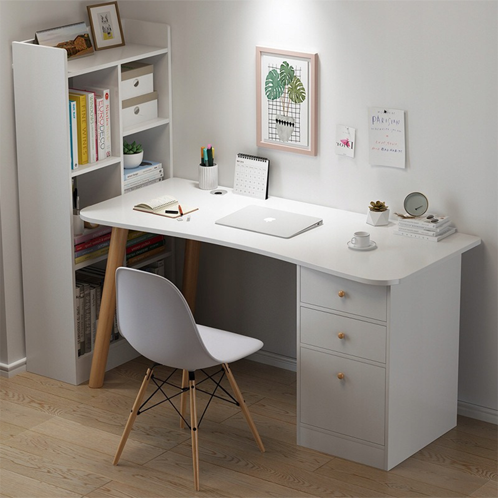 Birou alb 100 cm cu depozitare – sertare + rafturi, MDF, design modern