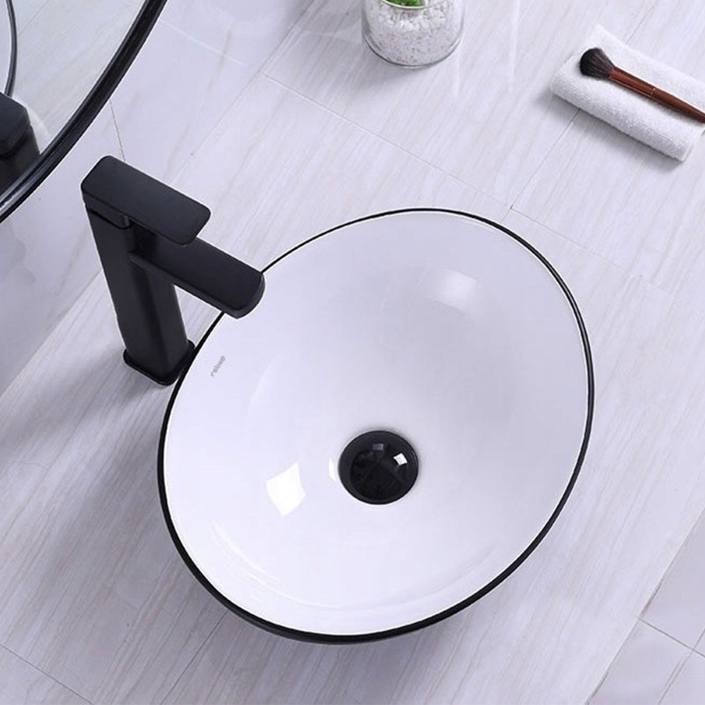 Lavoar Rebiko 42 cm – ceramică alb + negru, stil modern minimalist