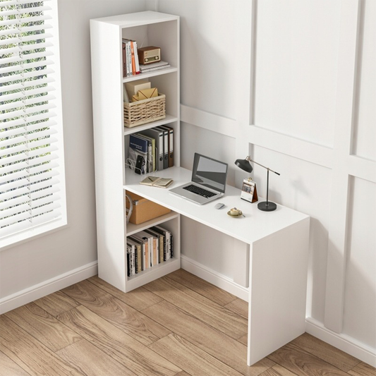 Birou cu bibliotecă 125 cm – alb, 5 polițe, MDF, organizare eficientă
