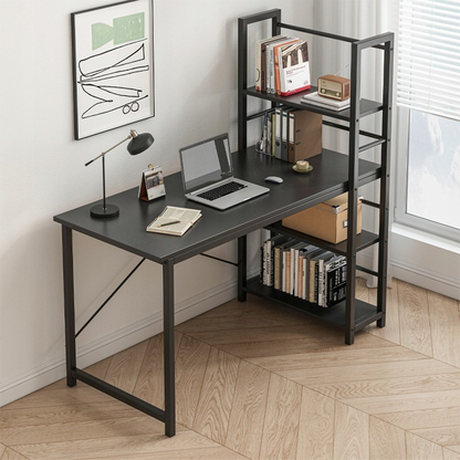 Birou cu rafturi 120 cm – negru, MDF + metal, pentru home office/gaming