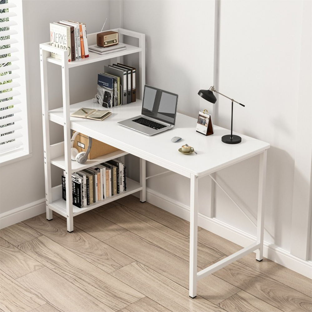 Birou modern 120 cm alb – cu polițe laterale, MDF, pentru PC/gaming
