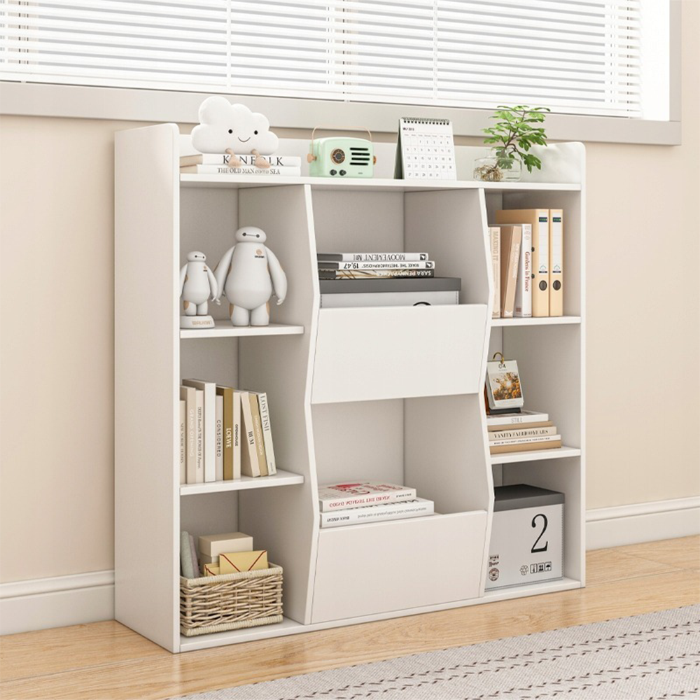 Bibliotecă modernă albă – 106 cm, rafturi deschise, MDF, organizare eficientă
