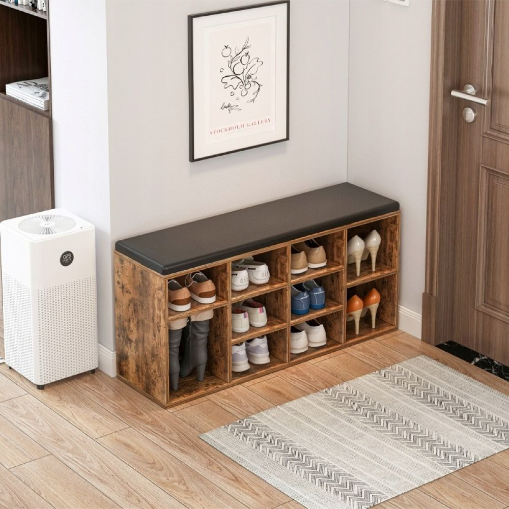 Bancă hol 104 cm maro rustic – cu șezut și poliță pantofi, MDF, stil clasic