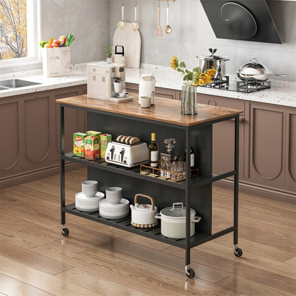 Masă bar mobilă 120 cm – cu roți și rafturi, MDF + metal, design loft