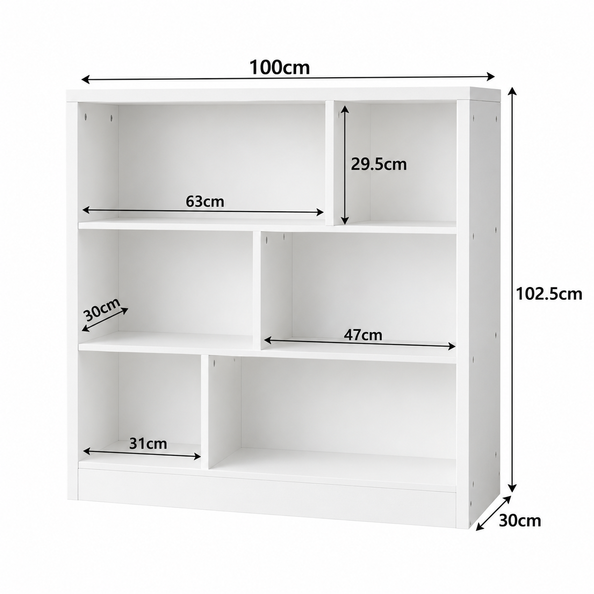 Bibliotecă Albă Asimetrică 100 x 102,5 x 30 cm – 6 Rafturi pentru Cărți și Decorațiuni