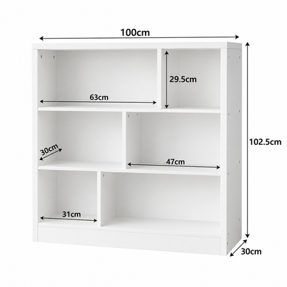 Bibliotecă Albă Asimetrică 100 x 102,5 x 30 cm – 6 Rafturi pentru Cărți și Decorațiuni