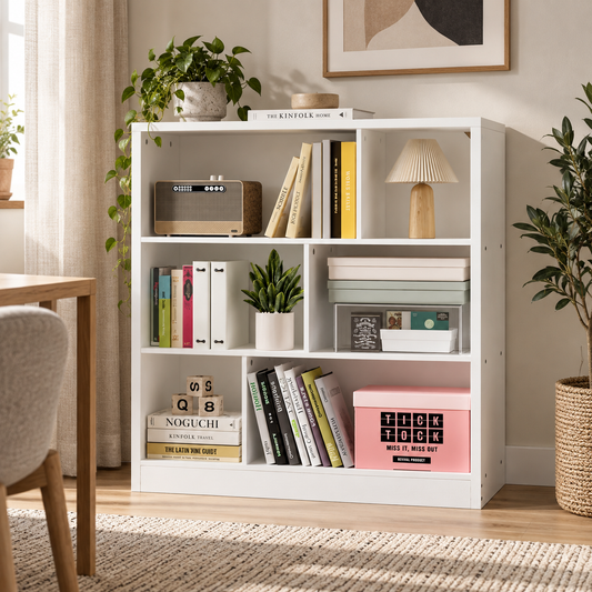 Bibliotecă Albă Asimetrică 100 x 102,5 x 30 cm – 6 Rafturi pentru Cărți și Decorațiuni