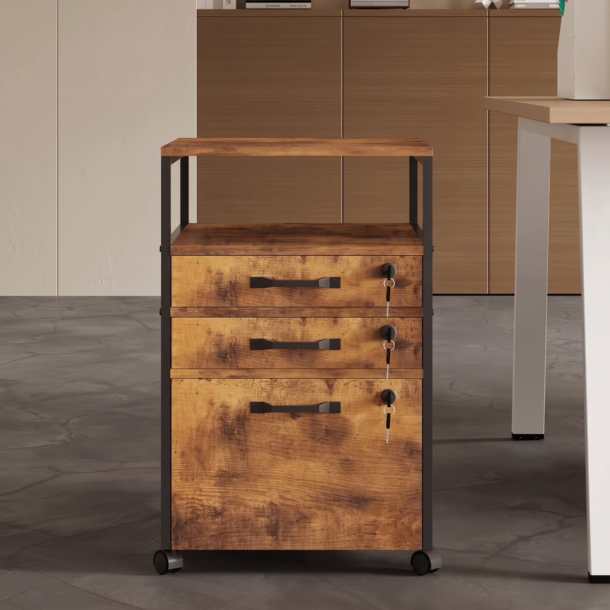 Dulap Mobil de Birou Loft 42 cm Stejar Rustic 2 Sertare cu Cheie și Roți