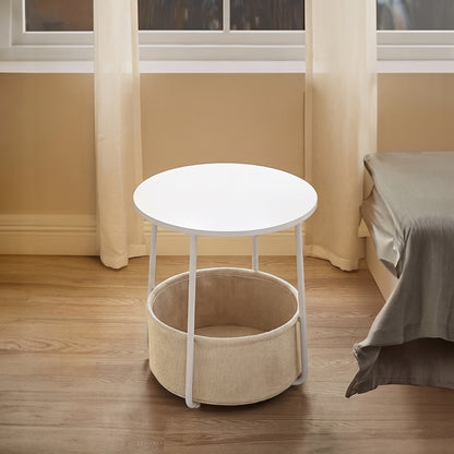 Măsuță de Cafea Rotundă Albă 45x60 cm cu Coș Bej Organizator Cadru Metalic