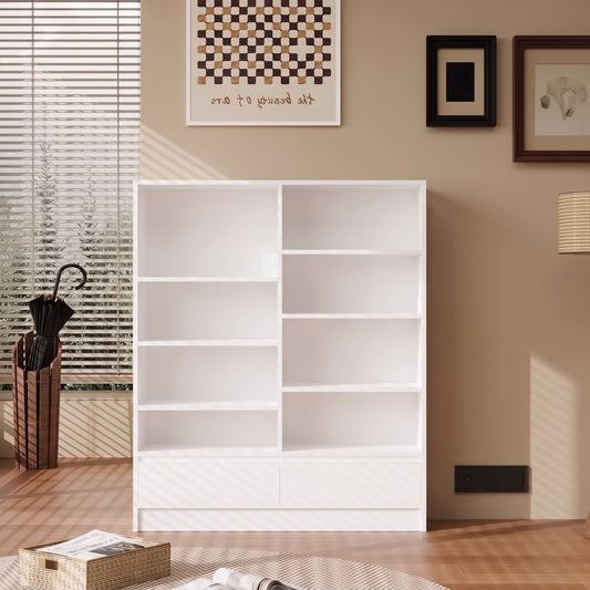 Bibliotecă Albă cu Dulap 100x120x24 cm, 8 Rafturi pentru Cărți, Living și Birou