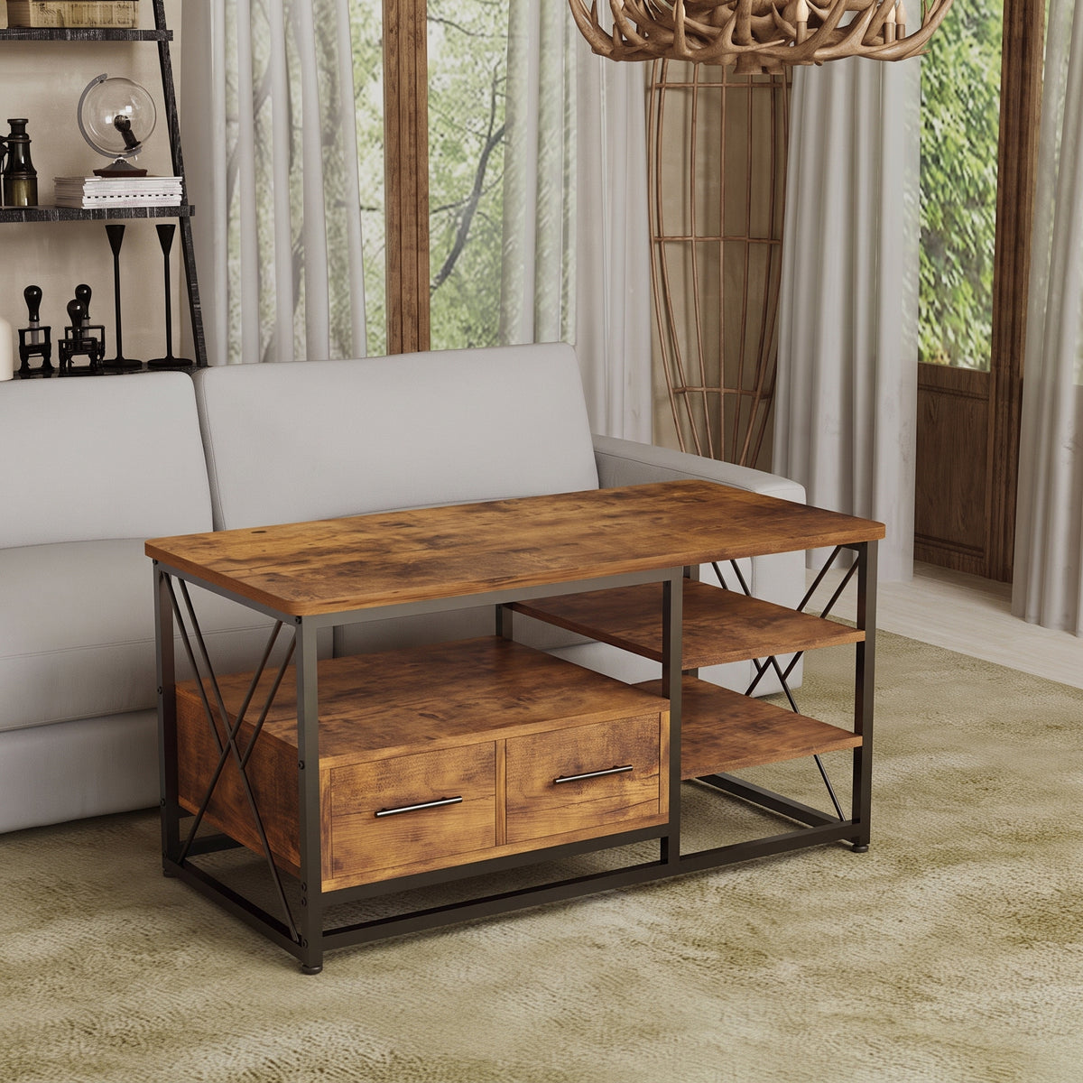 Măsuță de Cafea Loft 100x55x47 cm cu 2 Sertare și Rafturi Maro Rustic Negru
