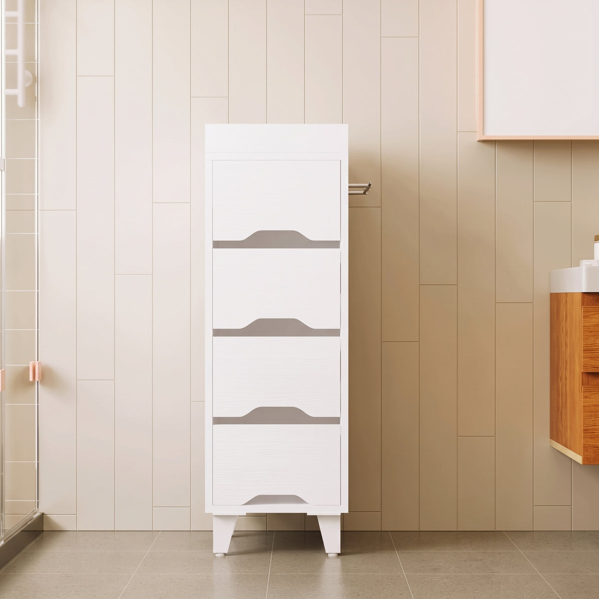 Dulap Baie Alb 30x30x90 cm 4 Sertare Organizator Suport pentru Prosop