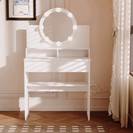 Masă de Toaletă Cosmetică Albă 80 cm cu Oglindă Rotundă LED, Sertar și Rafturi