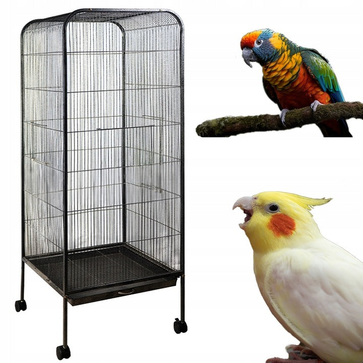 Voliera Mare pentru Pasari si Papagali pe Roti, Negru, 54x54x146 cm, Accesorii Incluse