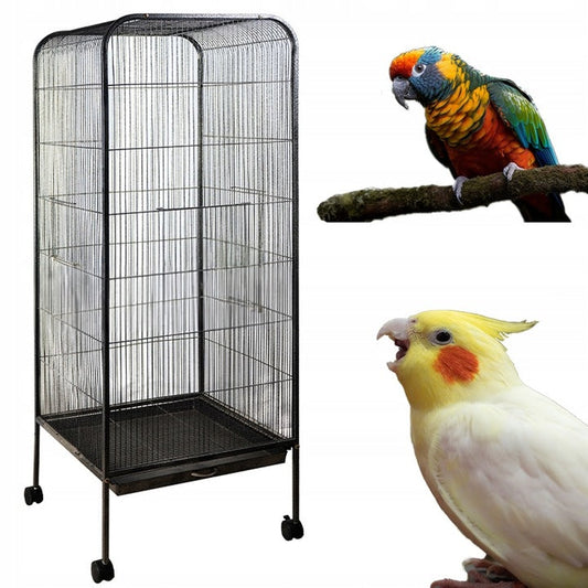 Voliera Mare pentru Pasari si Papagali pe Roti, Negru, 54x54x146 cm, Accesorii Incluse