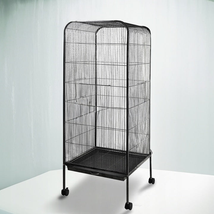 Voliera Mare pentru Pasari si Papagali pe Roti, Negru, 54x54x146 cm, Accesorii Incluse