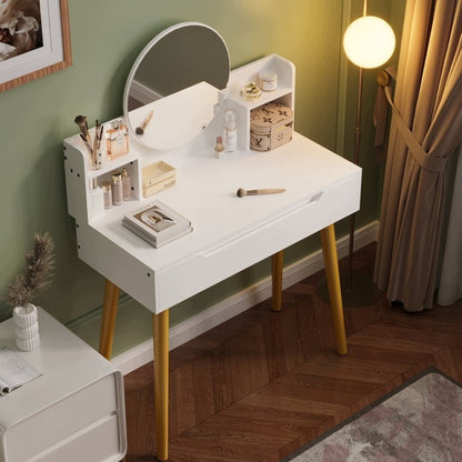 Masă de Toaletă Cosmetică cu Oglindă Rotundă și Sertar Albă 80x40x118 cm
