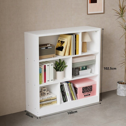 Bibliotecă Albă Asimetrică 100 x 102,5 x 30 cm – 6 Rafturi pentru Cărți și Decorațiuni