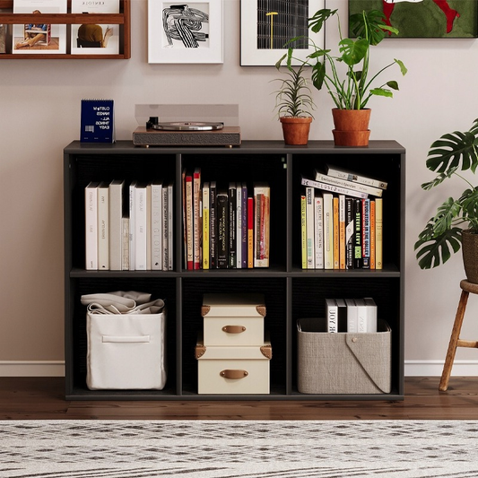 Biblioteca Modulara tip Cub 3x2 cu 6 Compartimente, Negru Mat, 100x30x63 cm