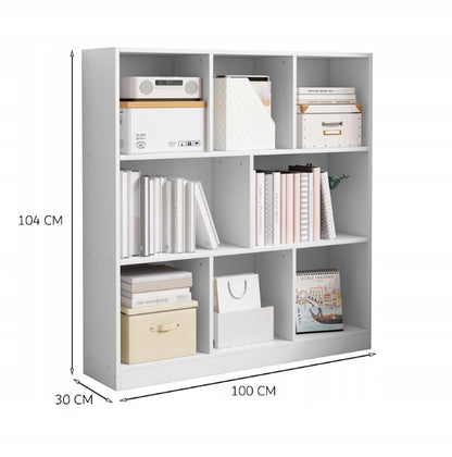 Bibliotecă depozitare 100 cm – albă, 8 spații, PAL, design minimalist