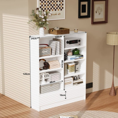 Bibliotecă Albă cu Dulap 100x120x24 cm, 8 Rafturi pentru Cărți, Living și Birou