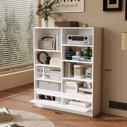 Bibliotecă Albă cu Dulap 100x120x24 cm, 8 Rafturi pentru Cărți, Living și Birou