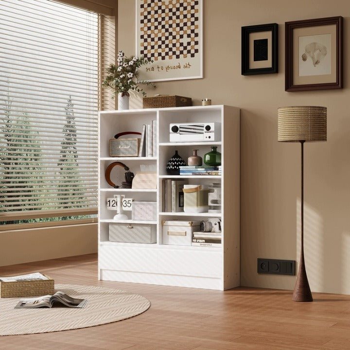 Bibliotecă Albă cu Dulap 100x120x24 cm, 8 Rafturi pentru Cărți, Living și Birou