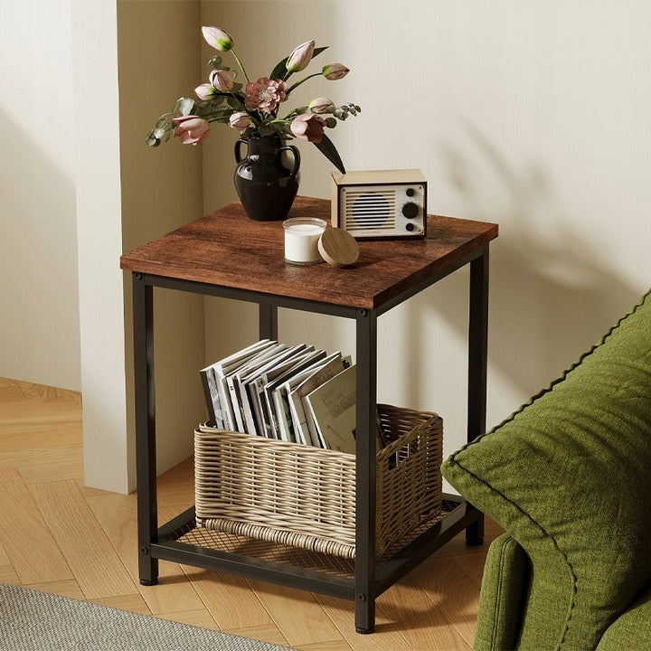 Masuta de Cafea Patrata Stil Loft 45x45x55 cm, Masuta Auxiliara Maro Rustic cu Raft