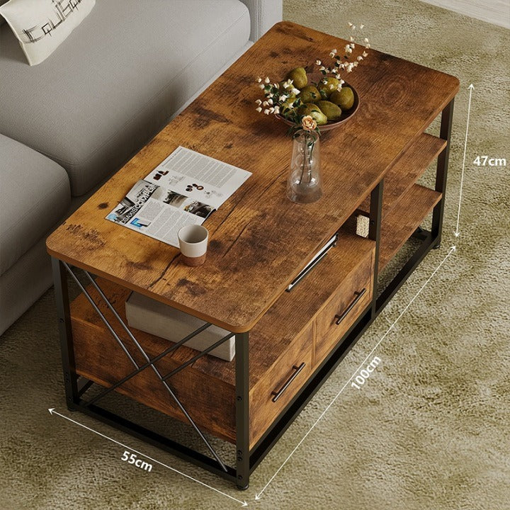 Măsuță de Cafea Loft 100x55x47 cm cu 2 Sertare și Rafturi Maro Rustic Negru