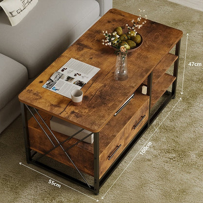 Măsuță de Cafea Loft 100x55x47 cm cu 2 Sertare și Rafturi Maro Rustic Negru